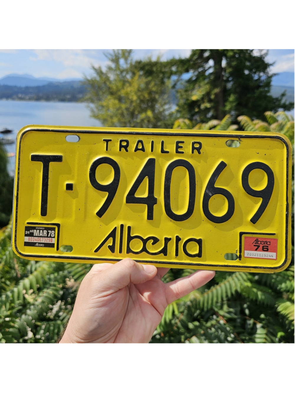 Vintage 1970s Alberta Trailer License Plate T-94069 Yellow Black Canada
